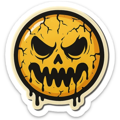scary emoji with cracks, drips and chips, retro stickers style, sharp black outlines, clear shadows and highlights, no gradients sticker