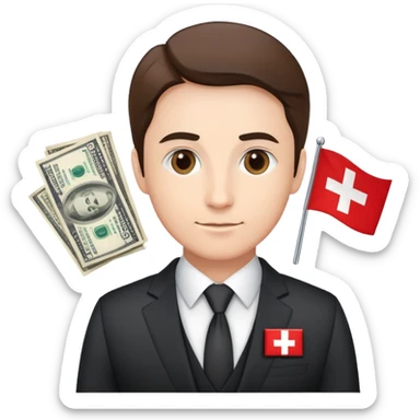 Swiss financial expert with business suit, Swiss flag pin, charts and money sticker