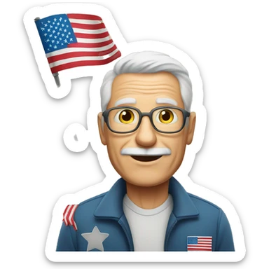 brwon haired older man holding small american flag SENSOS written on wall behind him sticker
