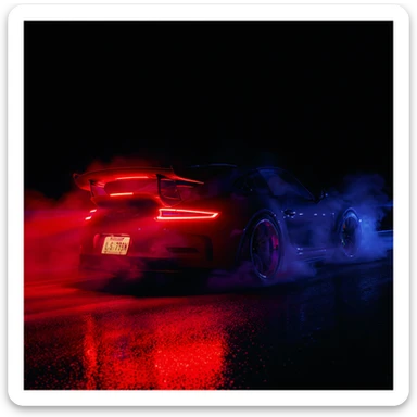 Shot and Directed by Quentin Tarantino, Cinematic still of a porsche 911, gt3 rs, night photo, red lights and blue bright night  sticker