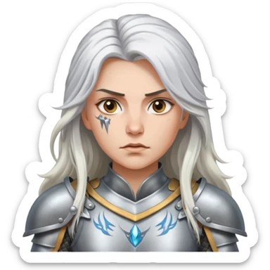 White Long Haired Women, Warrior woman — silver armor, piercing gaze sticker