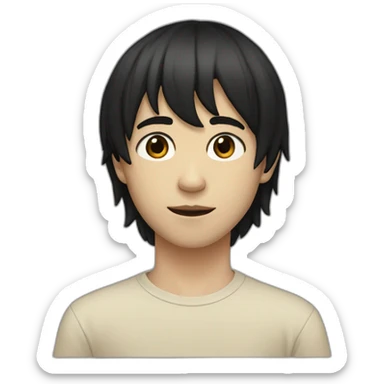 realistic teenager with white skin.  he has very black hair.  He has bangs to the right, his eyes are black, he also has a beige T-shirt, he is tall, he has an elongated neck and head sticker