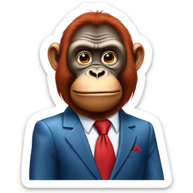 Orangutan in a blue suit with a red tie. Pouting face and a comb-over sticker