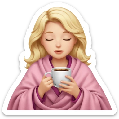 Wavy blonde hairy lady inside a soft pink blancket siping coffe with eyes closed sticker
