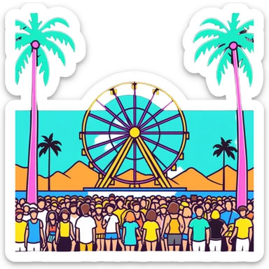 crowd at Coachella music festival with ferris wheel and palm trees sticker