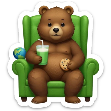 Chubby furry large brown bear sitting on a earth green chair that is way too small for him, eatting cookies and milk, 4k, dpi 300. Must not be low resolution, must not be poor quailty, must be colorful, must not have any emoji faces, no emoji icons. sticker
