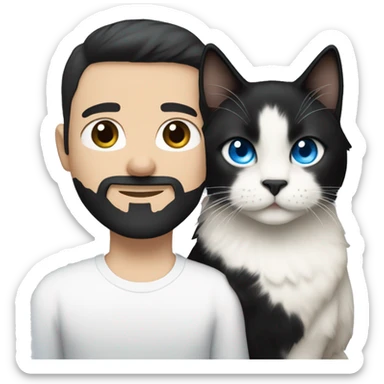 A guy with a black earing and black short hair and black beard and holding a all white Siberian cat with blue eyes  sticker