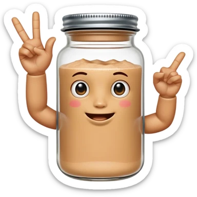 A cute anthropomorphic salt jar with transparent glass body and metal lid, raising both arms to form a "6" hand gesture with thumb and pinky extended on each hand sticker