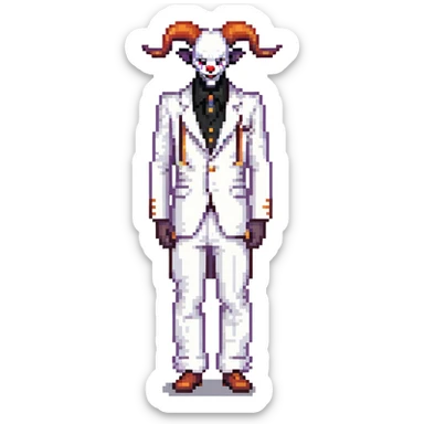 full-body demonic clown in a white leisure suit with bellbottom pants, bald, with black ram horns, wearing elevator shoes sticker
