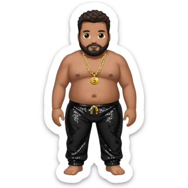 Fatman Scoop with dark brown hair, black sequin baggy pants, shirtless with necklace sticker