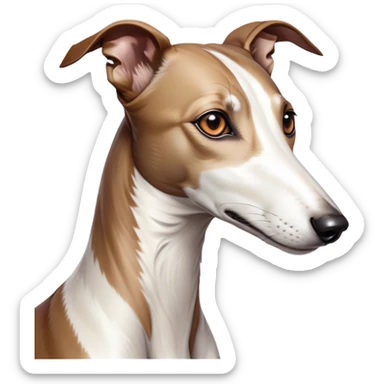 Cinematic Noble White and Brown Greyhound Portrait Emoji, Poised and regal, with a slender, aerodynamic build and a sleek Fur of pristine white accented by warm brown markings, deep-set soulful eyes, Simplified yet sharp and sophisticated features, highly detailed, glowing with a soft, dignified glow, high shine, intelligent and agile, stylized with an air of elegance, focused and attentive, soft glowing outline, capturing the essence of a watchful and swift companion, so majestic it feels as though it could dash out of the screen with effortless authority! sticker
