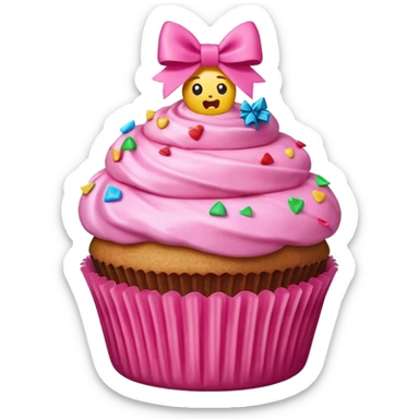 hyper realistic emoji of a bitten cupcake with pink frosting and a small gift bow on top, bitten part showing surprise filling like confetti or a tiny present, clean colorful emoji-style design sticker