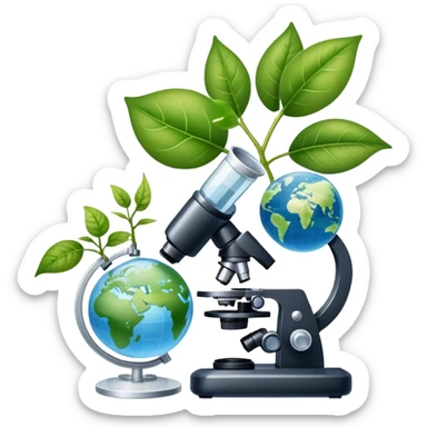 An icon featuring a DNA helix, a microscope, and a plant leaf, symbolizing biology. The design includes animal cells, a test tube, and a globe, representing the study of life forms, ecosystems, and genetics. Transparent background highlights the exploration of living organisms. sticker
