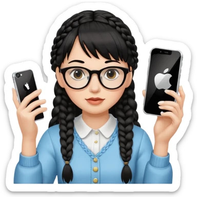 Black hair is braided to one side, braided to the left, and full bangs, wearing horn-rimmed glasses, holding an iPhone white color and taking a mirror selfie so that Apple logo comes out sticker