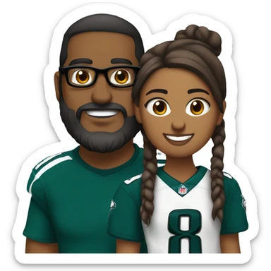 Brown guy with a beard and mustache holding a brown girl wearing glasses and hair in a bun wearing Philadelphia eagles clothing sticker