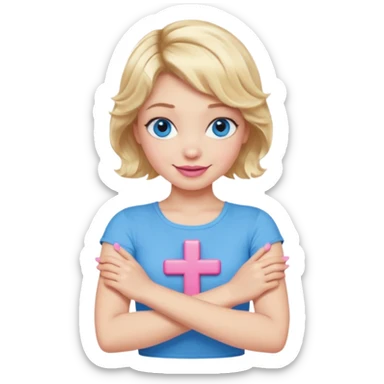 Girl Blonde short wavy hair,  blue eyes, cute blue top, long lashes, pink lips, smiling, making cross arms with arms  sticker