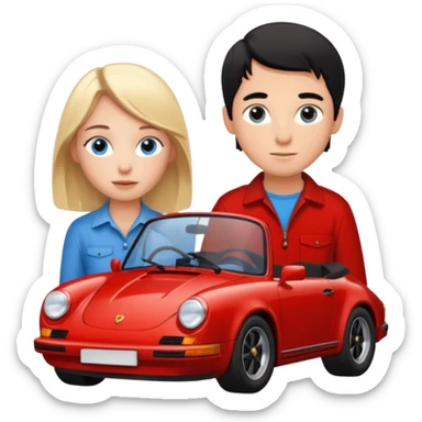 crea un emoji que sea una pareja, una chica rubia con pecas en la cara & los ojos azules & un chico con el pelo negro lindo con ojos cafés que haya un porsche rojo  sticker