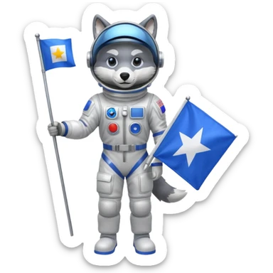 a wolf in space suit, holding blue rectangle flag, full body sticker