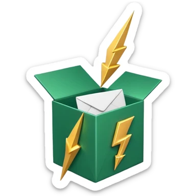 3D minimal open gift box with small floating icons coming out (envelope, lightning bolt, sparkle), matte finish, deep green (#0B3D2C) box, gold (#C9B037) icons, Apple style, ultra minimal, soft shadow, transparent background sticker