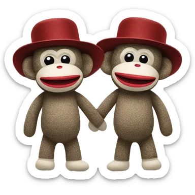 Two sock monkeys with hats holding hands  sticker