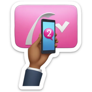 holding a smartphone with big pink check mark on the screen sticker