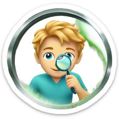 Little boy with blue/turquoise eyes, no glasses, and strawberryblonde slighty wavy hair crouching down low in a lot of green grass. He is holding a magnifying glass, closely examining nature and looking happy/curious sticker