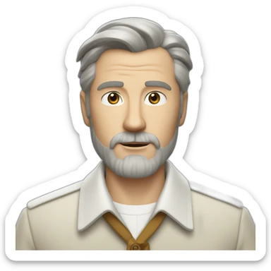 wes anderson character of man with short quiff and beard brown and grey hair, white shirt with top-button buttoned sticker