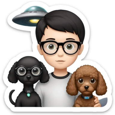 A little boy with straight black medium-length hair, white skin, and black eyes wearing black-framed glasses is taking photos in a UFO with a camera. Beside him, there is an alien and a brown round-headed poodle. sticker