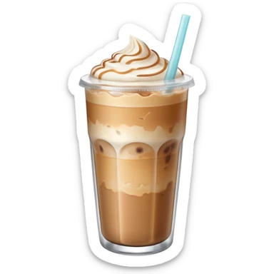 An iced latte in a transparent matte glass, showing how the milk and coffee mix, with ice touching the inner walls of the glass, and a clear lid with a transparent straw on top. Use soft and pastel tones. sticker