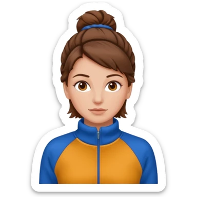 Chica blanca, pelo castaño recogido, jersey de invierno y niki sticker