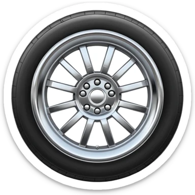 A chrome car wheel emoji, polished silver metal rim, smooth circular shape, minimal futuristic design, soft reflections, iOS emoji style, centered on white background, ultra clean look sticker