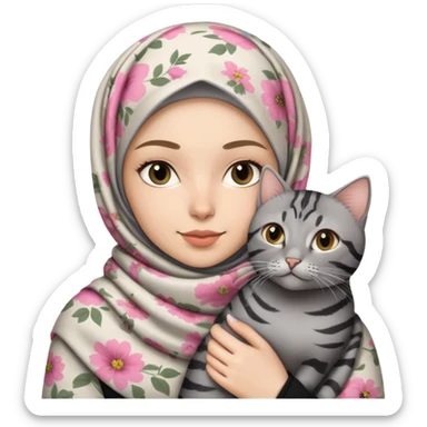 White girl wearing flower patterned hijab holding a black gray tabby cat sticker