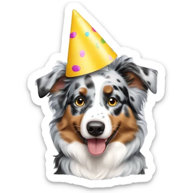 blue merle australian shepherd with a party hat sticker