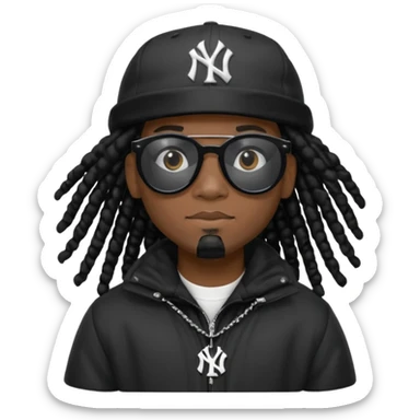 African American man with shoulder length black dreadlocks wearing black sunglasses with black bubble winter coat wearing a black New York Yankees baseball hat sticker