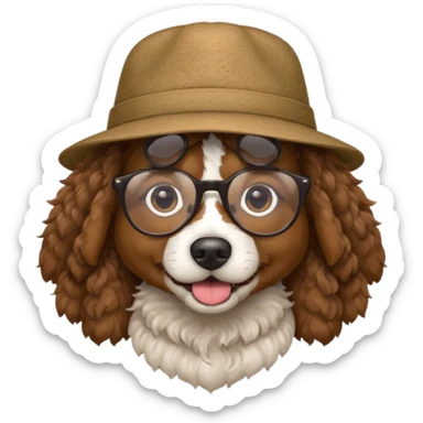 hatted dog with glasses and curly hair sticker