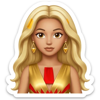 Beyonce hazel eyes, platinum blonde long hair, gold dress with earrings sticker