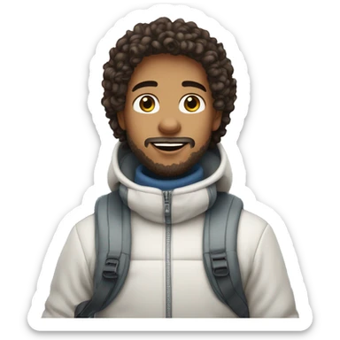 semi light skinned boy with very curly semi long dark hair, with goatee beard style, *riding ski* sticker
