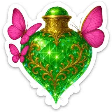 Make the bottle more crystalline with enhanced crystal effects, glowing, and light reflections. Keep the green heart shape, golden details, and pink butterflies attached to the bottle. Maintain a transparent background with a beautiful merging bottom and the bottle hanging in the air. No base or shadow. The design should be elegant and vivid. sticker