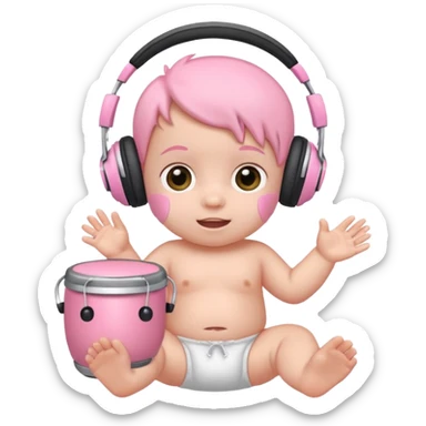 a cute baby in a white diaper and headphones playing a baby pink bongo sticker