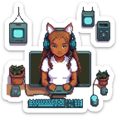 girl with cat headphones at a desk, light brown skin, focused on computer pixel art sticker