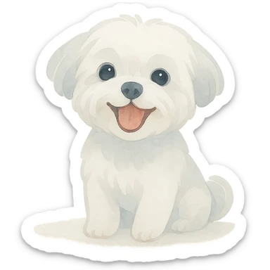 cute Maltese dog laughing, fluffy white fur, big eyes, playful expression, watercolor style sticker
