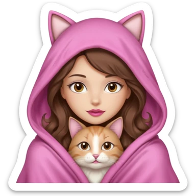girl with long wavy brown hair, brown eyes, long lashes makeup, sexy pink lips, light to medium complexion, wearing a pink sexy silk top, big blanket over the head cozy holding a cat, no cat ears on the hood sticker