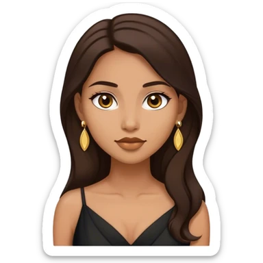 Beautiful woman,cute, long dark brown hair in dark dress with gold earrings sticker