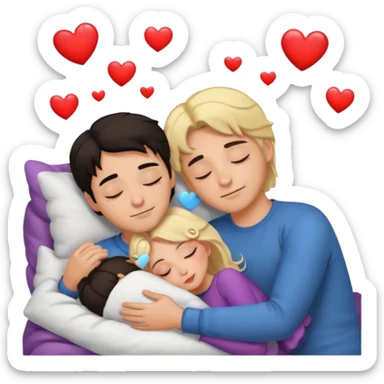 Sleeping romance couple. man has dark hair. woman is blonde. hearts around them. sticker