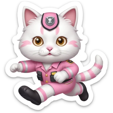A cute white and pink cat dressed as an ingeneer running fast sticker