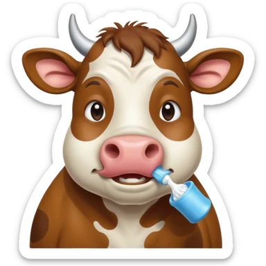 A cow brushing its teeth, looking sleepy and drowsy, portrait, bust up sticker