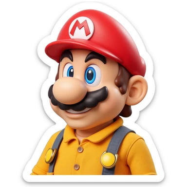 a worker in factoryA 3D-rendered head of a character inspired by Super Mario, facing slightly from front-left to right. The head should include his signature red cap with an ‘M’, large round nose, thick mustach sticker