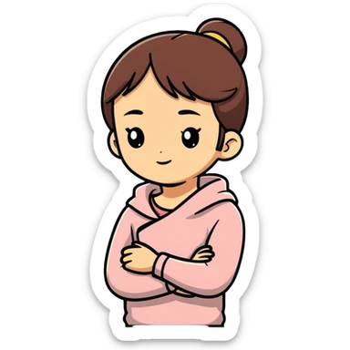 Girl crossing arms holding neck sticker