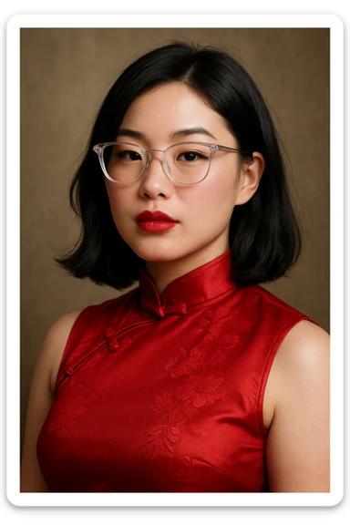 an oriental lady with fair, slightly pink skin, wearing a red cheongsam, red lipstick, winged eyeliner, small nose, slightly thick sensual lips, medium build, transparent white glasses, mid-length black hair sticker