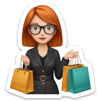 Mujer joven blanca con cabello cobrizo lentes oscuros vestida a la moda con bolsas de compras sticker